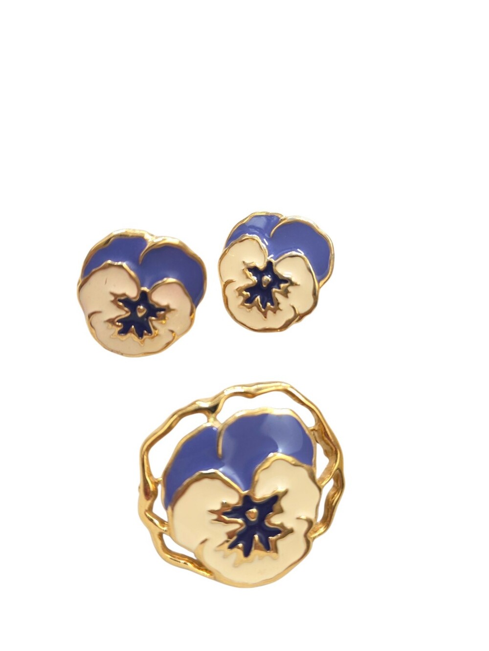 Vintage Avon Gold and Blue Pansy Floral Earrings and Brooch Set